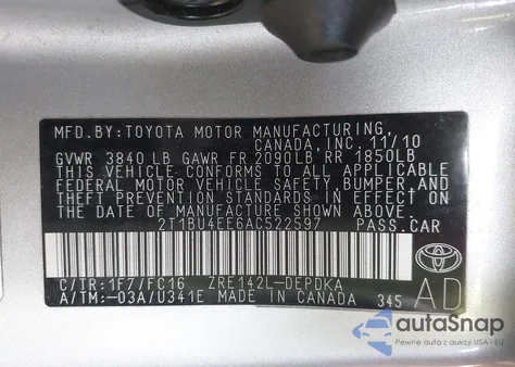 2010 Toyota Corolla Le из США, поврежденный, VIN 2T1BU4EE6AC522597